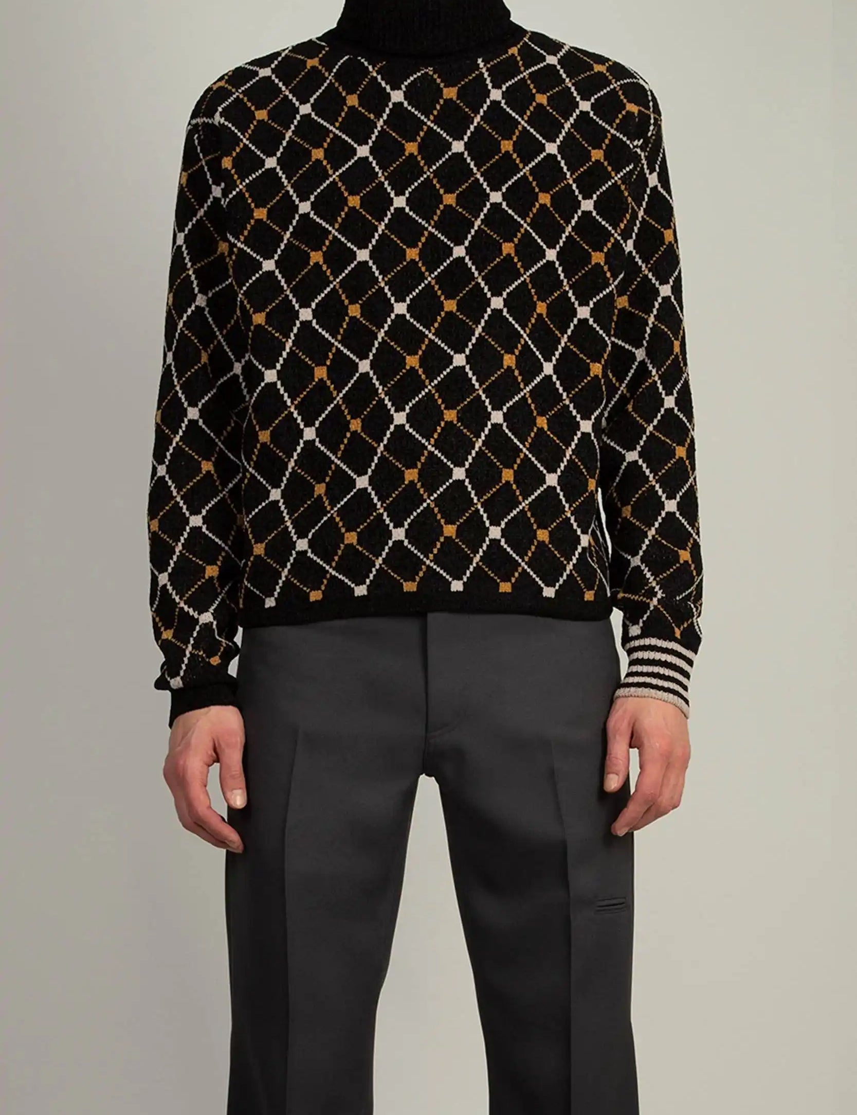 Random Identities Jaquard Roll Neck in Black, regular fit roll neck sweater with three-colour jacquard and contrast cuffs, front view