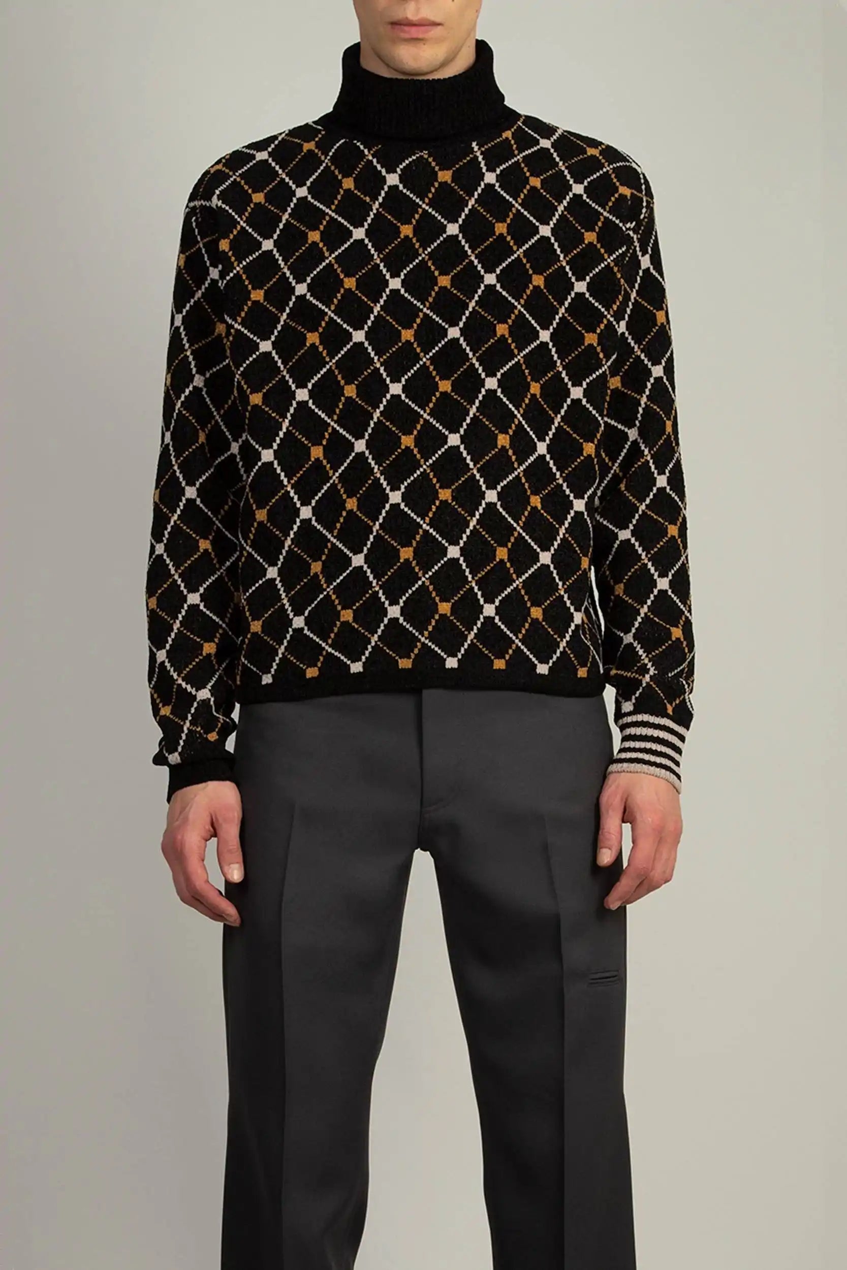 Random Identities Jaquard Roll Neck in Black, regular fit roll neck sweater with three-colour jacquard and contrast cuffs, front view