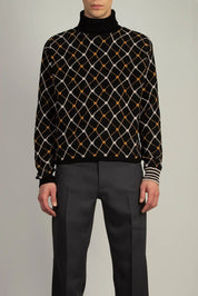 Random Identities Jaquard Roll Neck in Black, regular fit roll neck sweater with three-colour jacquard and contrast cuffs, front view