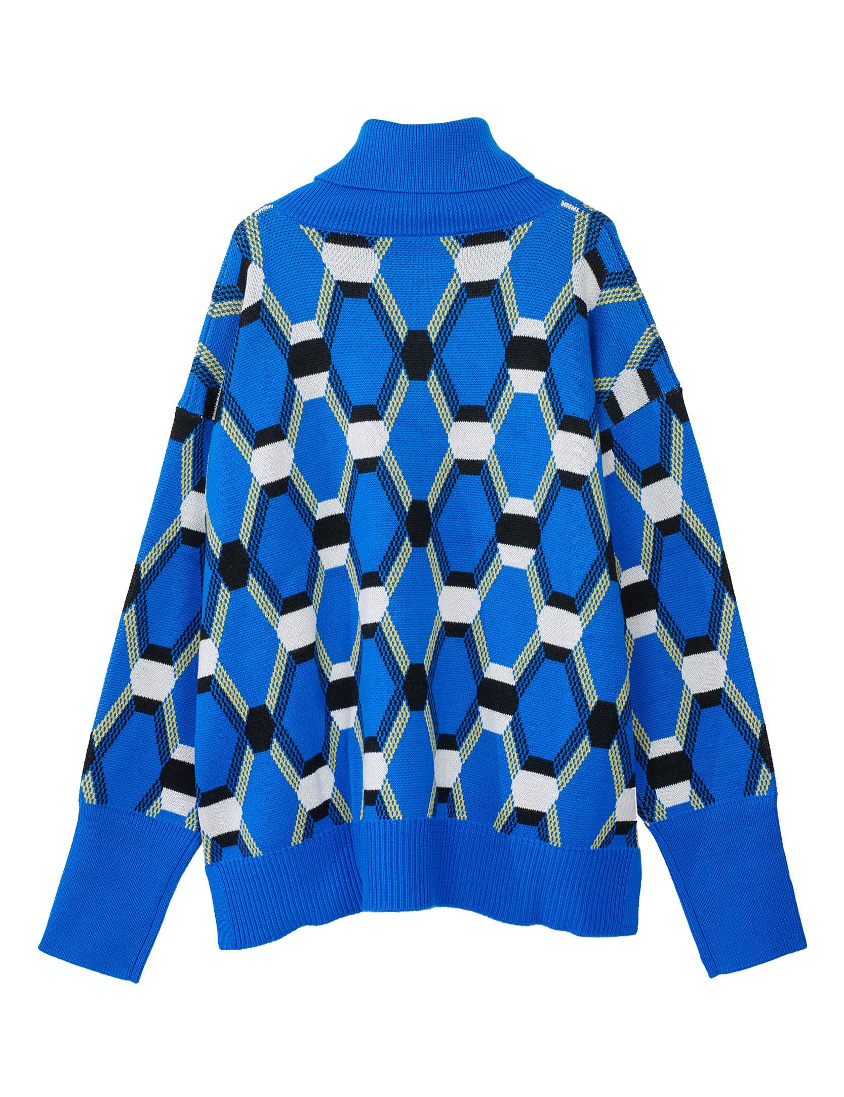 Back view of Blue oversize roll neck jacquard sweater by Random Identities showing mid-gauge knit and relaxed silhouette