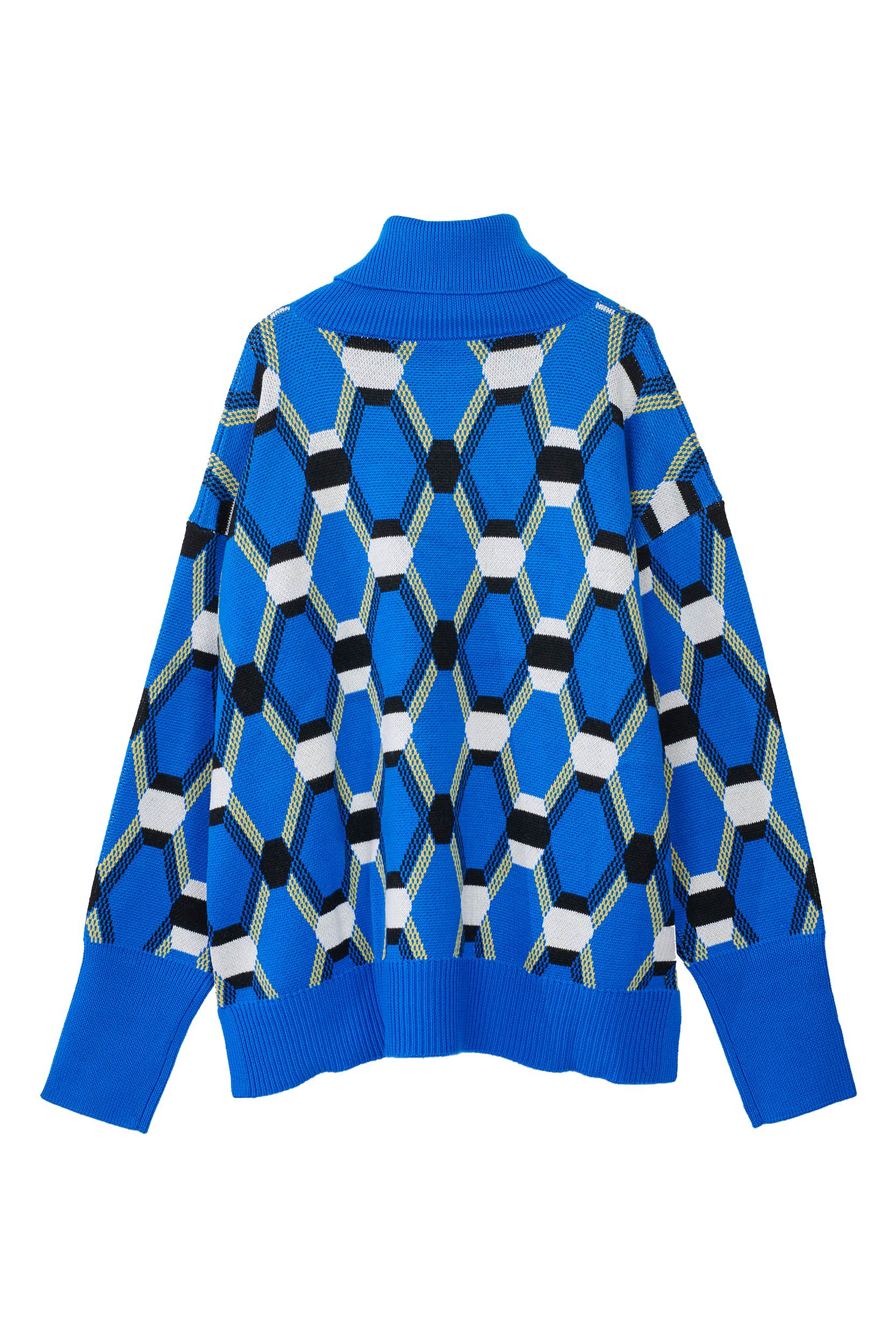 Back view of Blue oversize roll neck jacquard sweater by Random Identities showing mid-gauge knit and relaxed silhouette
