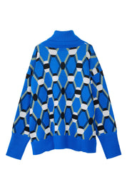 Back view of Blue oversize roll neck jacquard sweater by Random Identities showing mid-gauge knit and relaxed silhouette