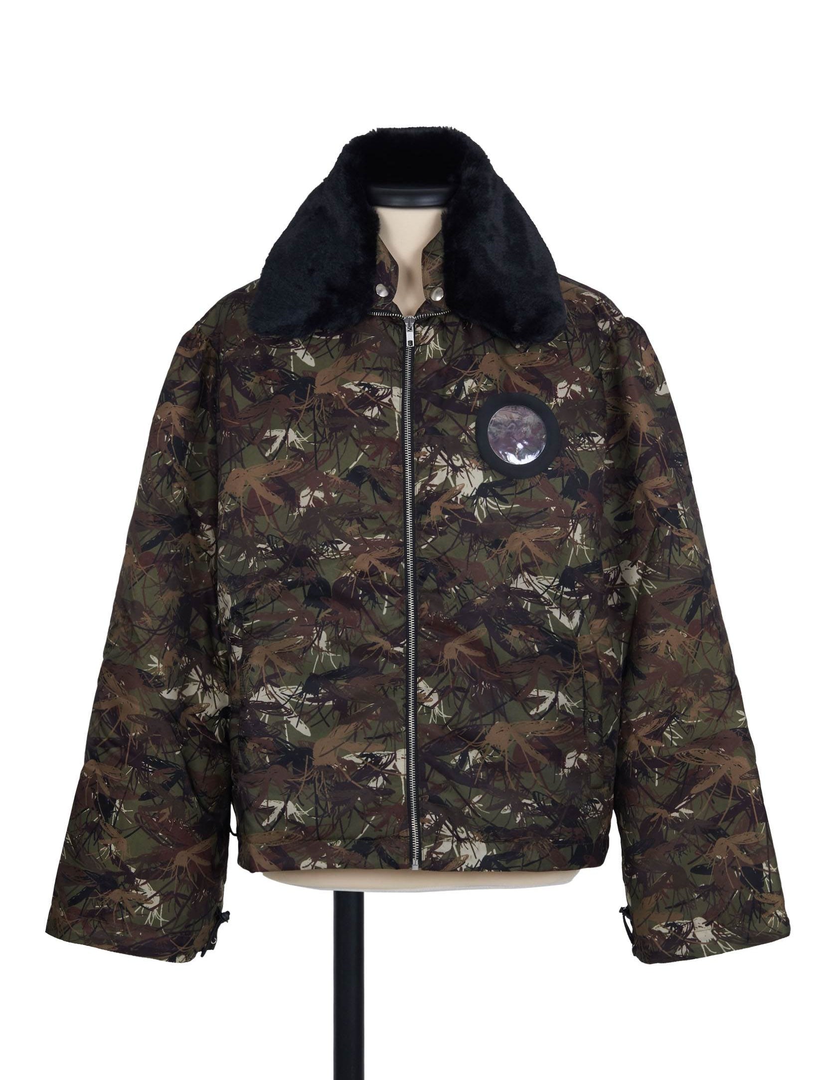 Random Identities Mile High Aviator Jacket in Camouflage. nylon aviator with detachable faux‑fur collar, drawcord cuffs and hem