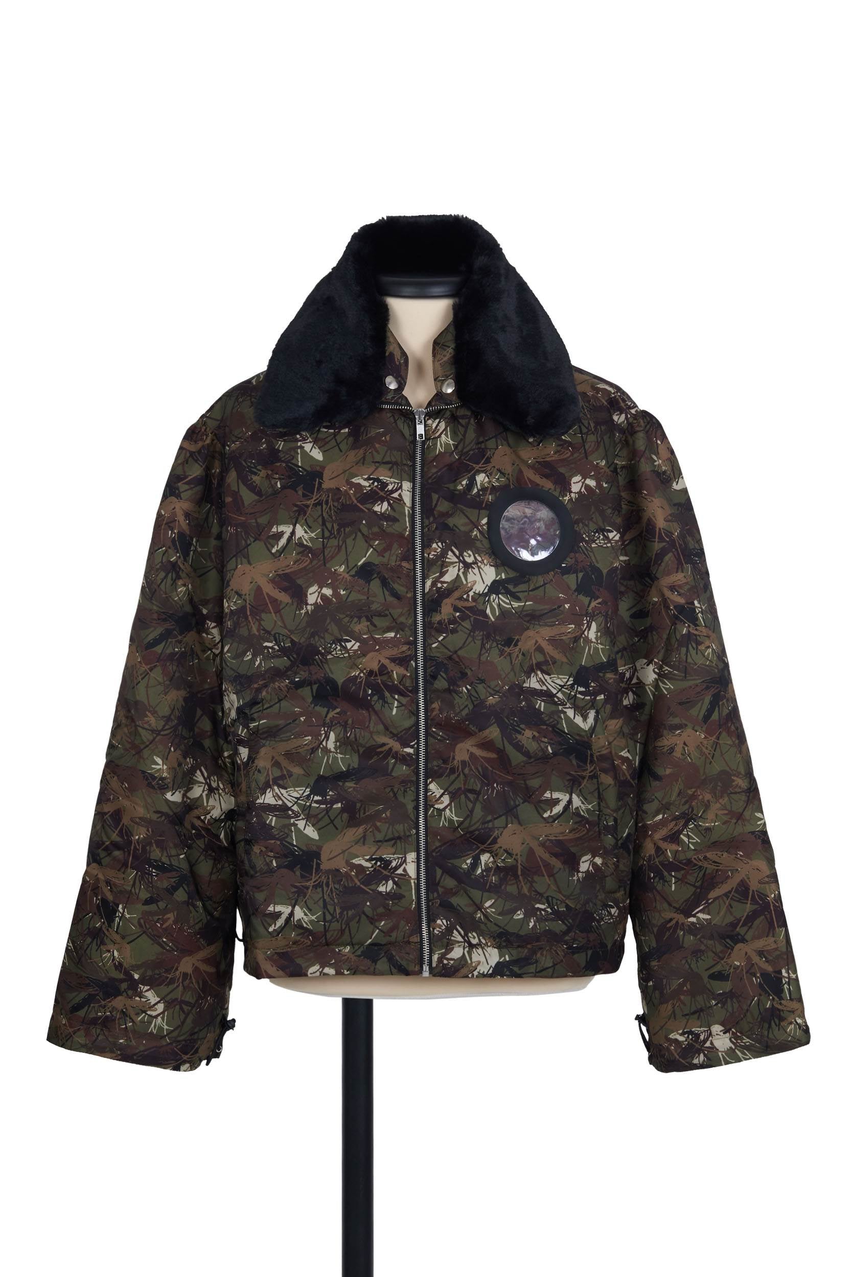 Random Identities Mile High Aviator Jacket in Camouflage. nylon aviator with detachable faux‑fur collar, drawcord cuffs and hem