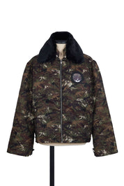 Random Identities Mile High Aviator Jacket in Camouflage. nylon aviator with detachable faux‑fur collar, drawcord cuffs and hem